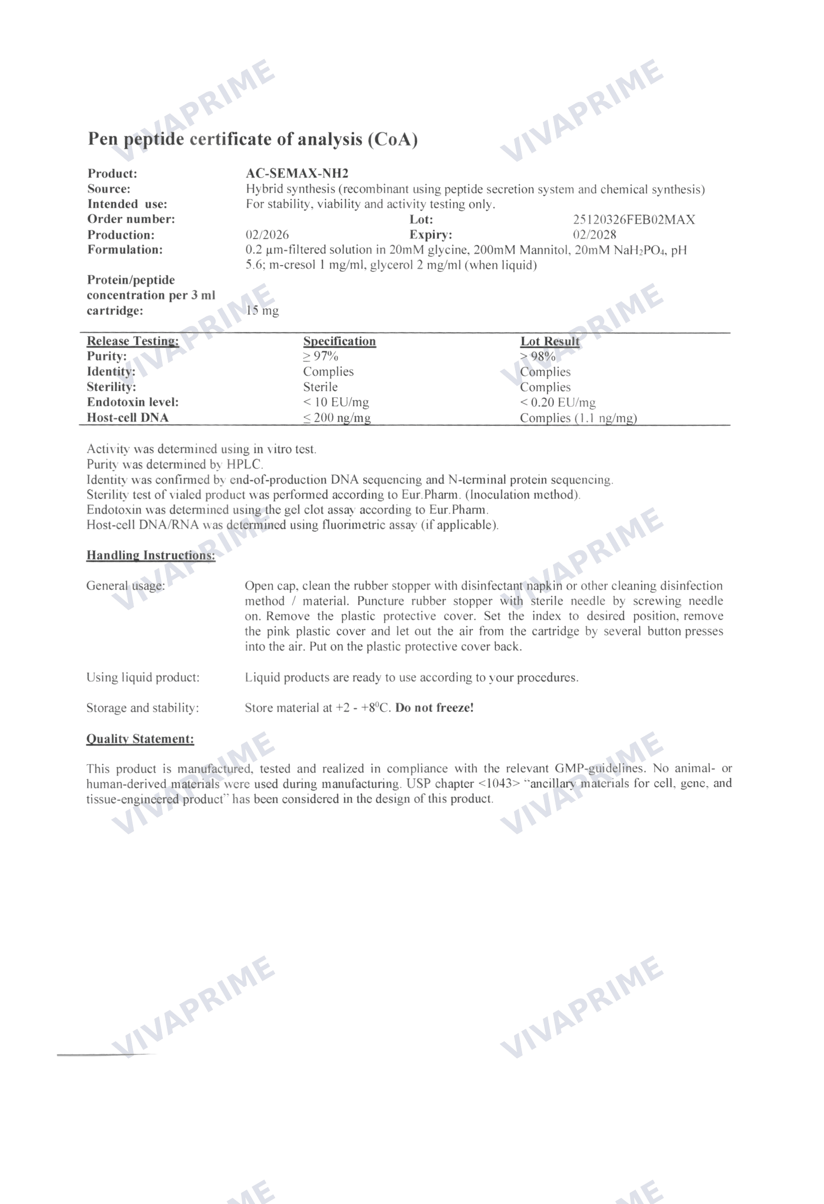 AC-Semax NH2 Certificate of Analysis — batch 25120326FEB02MAX, 98.0% purity (HPLC)