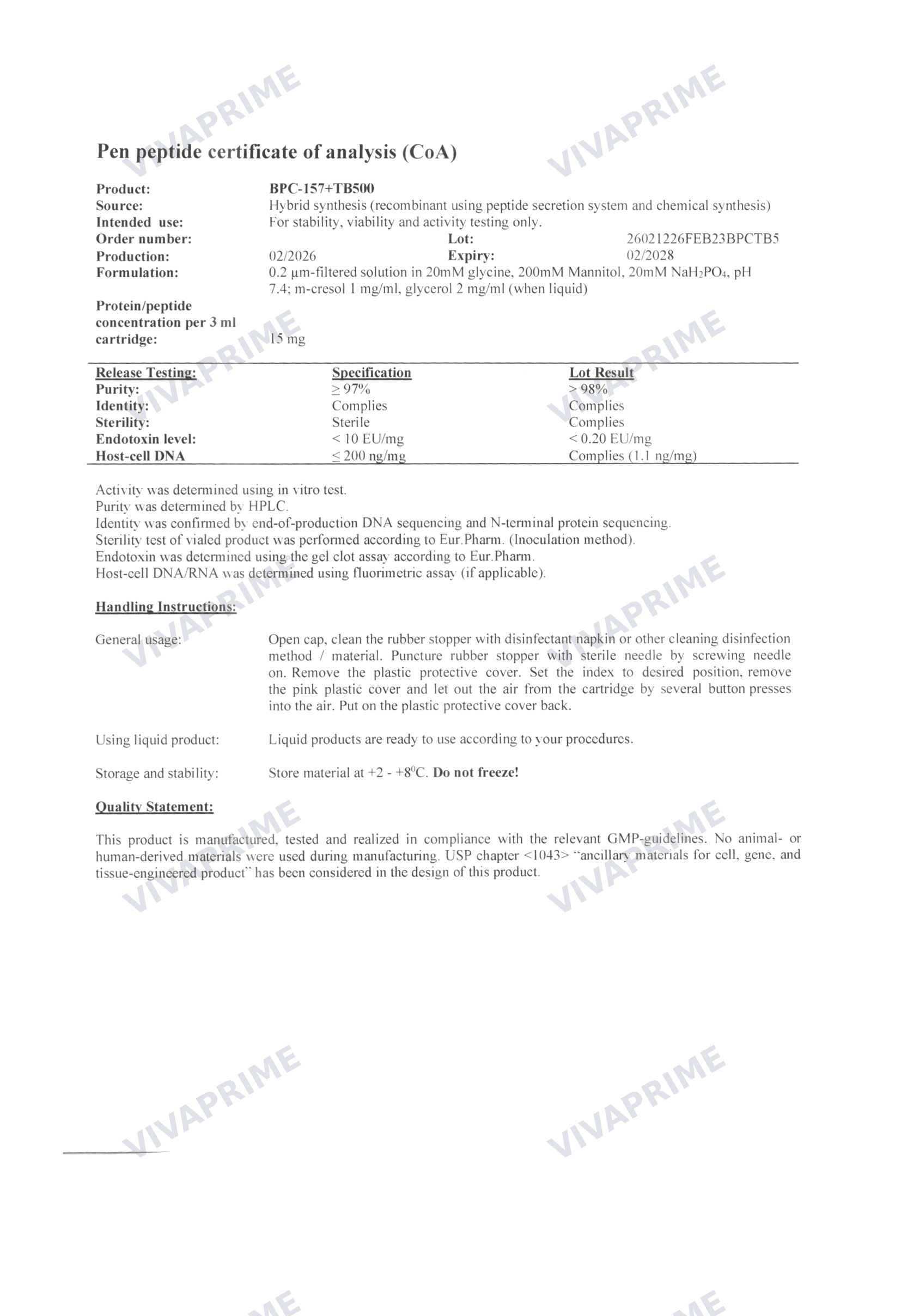 BPC-157 + TB-500 Combo Certificate of Analysis — batch 26021226FEB23BPCTB5, 98.0% purity (HPLC)