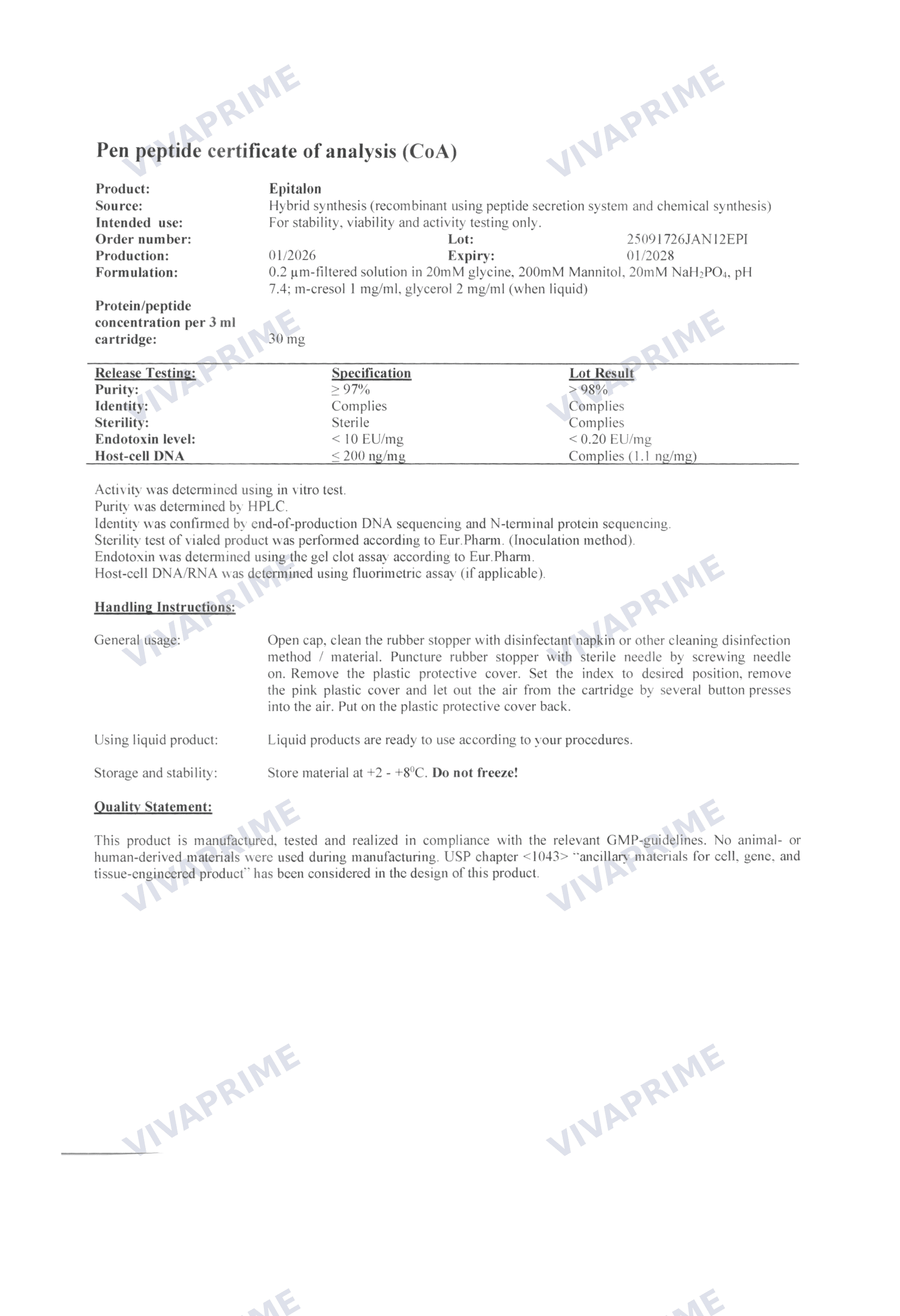 Epithalon Certificate of Analysis — batch 25091726JAN12EPI, 98.0% purity (HPLC)