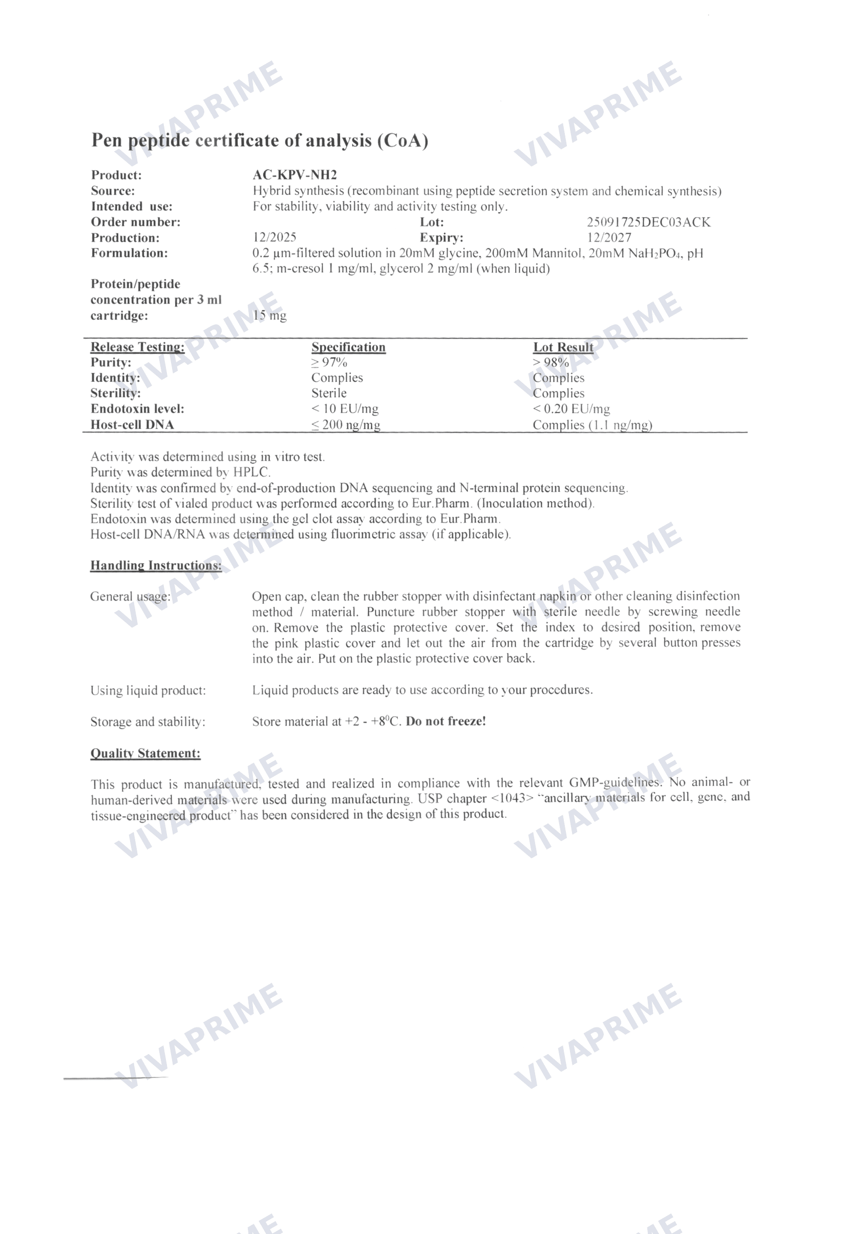 KPV Certificate of Analysis — batch 25091725DEC03ACK, 98.0% purity (HPLC)