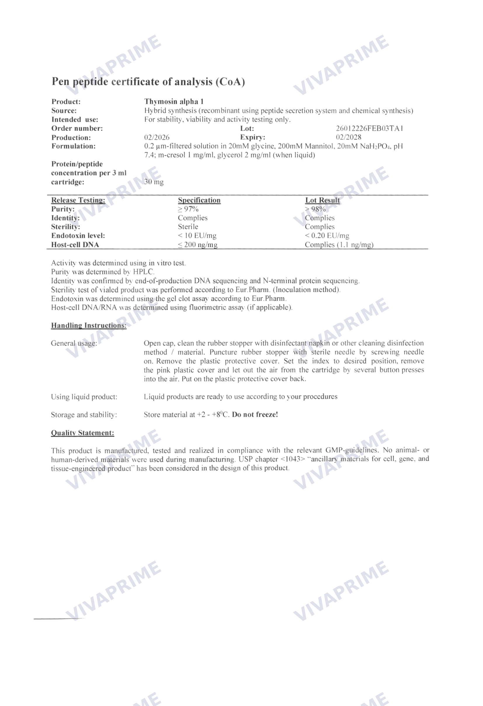 Thymosin Alpha 1 Certificate of Analysis — batch 26012226FEB03TA1, 98.0% purity (HPLC)